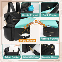 Diaper Bag Backpack with 14 Pockets, Leather Baby Bag, Convertible Boho Backpack, 6 Bottle Pockets, Wipes Pouch - Kid Baby shop